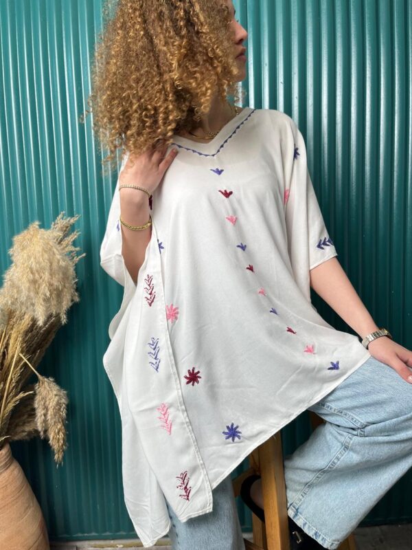 White Cotton Hand-Embroidered Poncho by St. Catherine Women | Free Size up to 3XL - Image 3
