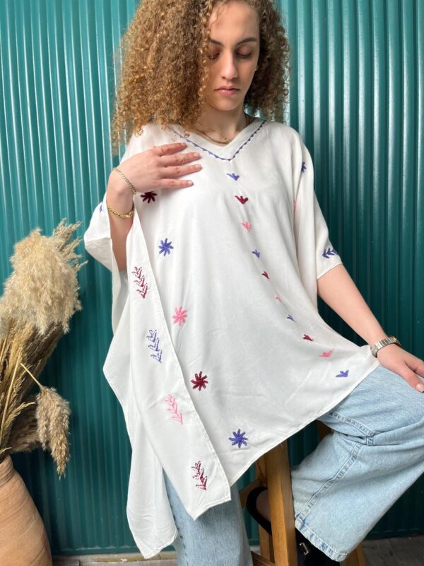 White Cotton Hand-Embroidered Poncho by St. Catherine Women | Free Size up to 3XL - Image 4