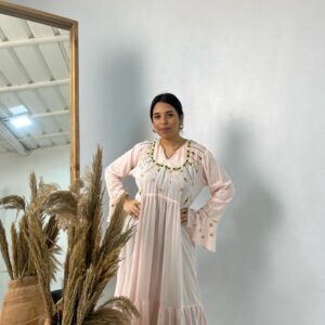 Hand-Embroidered Long Cotton light peach Dress with Siwa Oasis Patterns