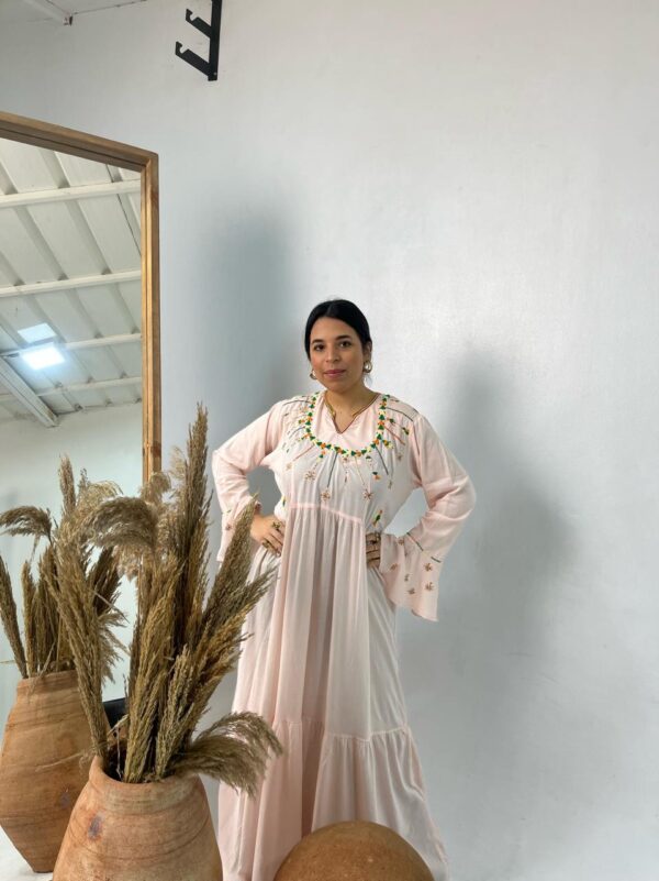 Hand-Embroidered Long Cotton light peach Dress with Siwa Oasis Patterns