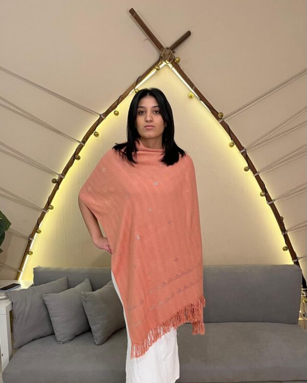 Dark Salmon Handwoven Akhmim Cotton Shawl with Silver plated Thread Embroidery | Made by Sohag Women | 200x60 cm