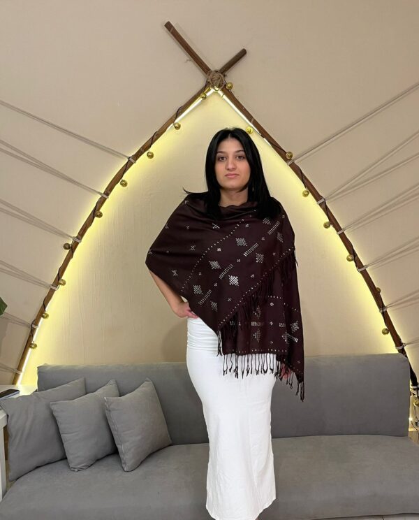 Handwoven Brown Akhmim Cotton Tally Shawl with Silver-plated Thread Embroidery | Made by Sohag Women | 150x70 cm