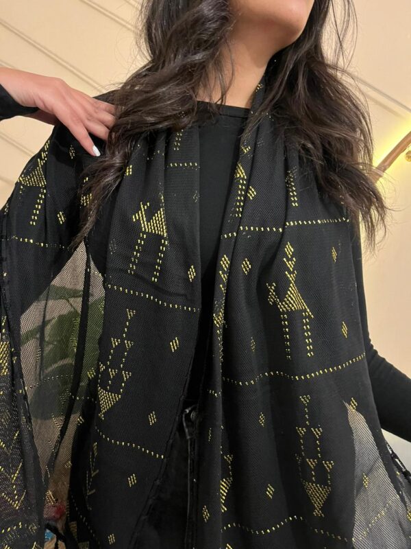 Black Tulle Tally Scarf with Hand-Embroidered Gold plated Threads | Made by Sohag Women | 200x40 cm - Image 2