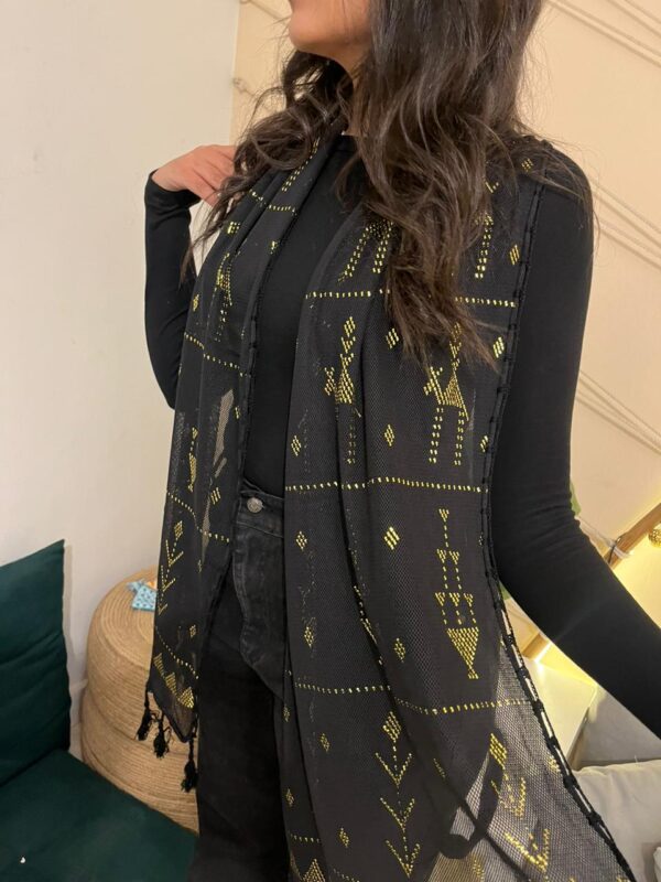 Black Tulle Tally Scarf with Hand-Embroidered Gold plated Threads | Made by Sohag Women | 200x40 cm - Image 3