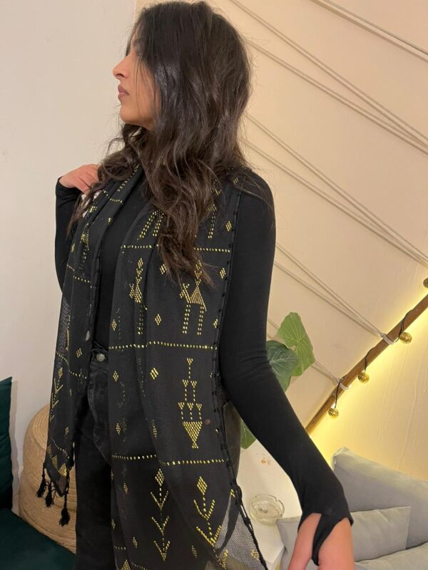 Black Tulle Tally Scarf with Hand-Embroidered Gold plated Threads | Made by Sohag Women | 200x40 cm - Image 4