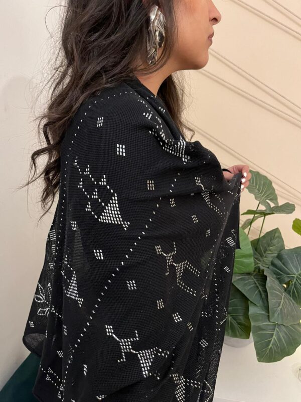 Hand-Embroidered Black Tulle Shawl with Silver-plated Threads | Sohag Women's Craft | 200x90 cm - Image 2
