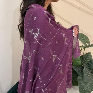 Hand-Embroidered purple Tulle Shawl with Silver-plated Threads | Sohag Women's Craft | 200x90 cm