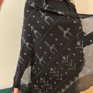 Hand-Embroidered Black Tulle Shawl with Silver-plated Threads | Sohag Women's Craft | 200x90 cm
