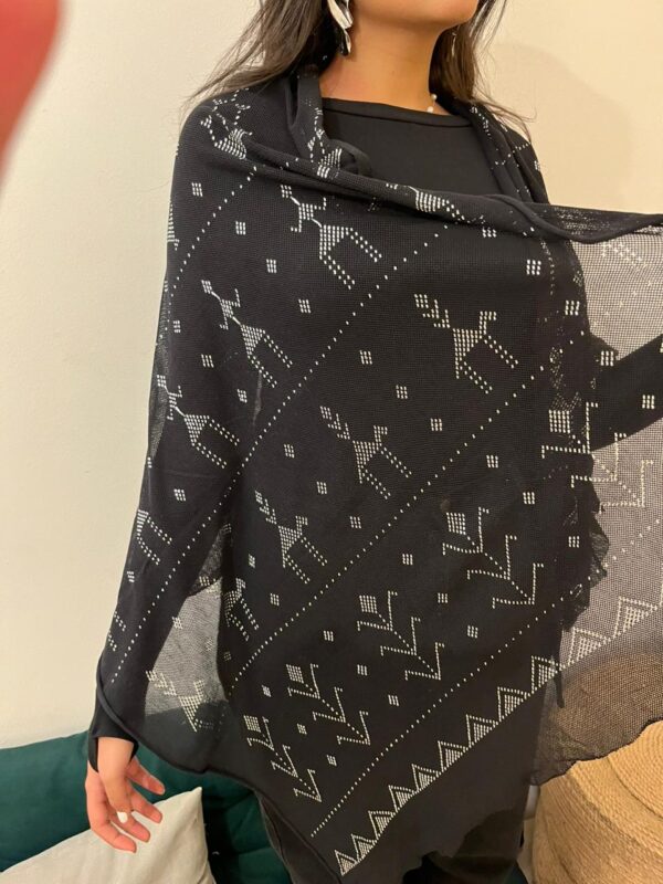 Hand-Embroidered Black Tulle Shawl with Silver-plated Threads | Sohag Women's Craft | 200x90 cm