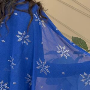 Hand-Embroidered cobalt blue Tulle Shawl with Silver-plated Threads | Sohag Women's Craft | 200x90 cm