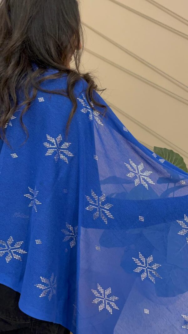 Hand-Embroidered cobalt blue Tulle Shawl with Silver-plated Threads | Sohag Women's Craft | 200x90 cm - Image 2
