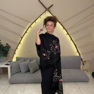 Hand-Embroidered Rectangular Black Cotton Blend Shawl | Made by  artisans Women  | 70×180 cm