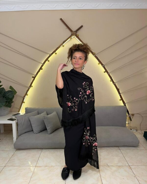 Hand-Embroidered Rectangular Black Cotton Blend Shawl | Made by  artisans Women  | 70×180 cm