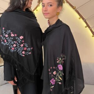 Hand-Embroidered Rectangular Black Cotton Blend Shawl | Made by  artisans Women  | 70×180 cm