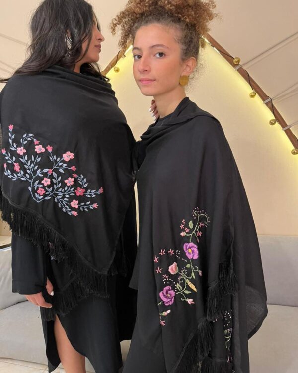 Hand-Embroidered Rectangular Black Cotton Blend Shawl | Made by  artisans Women  | 70×180 cm