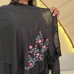 Hand-Embroidered Rectangular Black Cotton Blend Shawl | Made by  artisans Women  | 70×180 cm