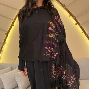Hand-Embroidered Rectangular Black Cotton Blend Shawl | Made by  artisans Women  | 70×180 cm