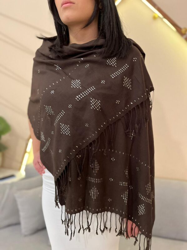 Handwoven Brown Akhmim Cotton Tally Shawl with Silver-plated Thread Embroidery | Made by Sohag Women | 150x70 cm - Image 3