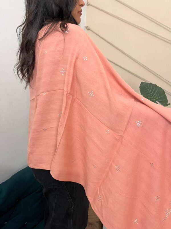 Dark Salmon Handwoven Akhmim Cotton Shawl with Silver plated Thread Embroidery | Made by Sohag Women | 200x60 cm - Image 3