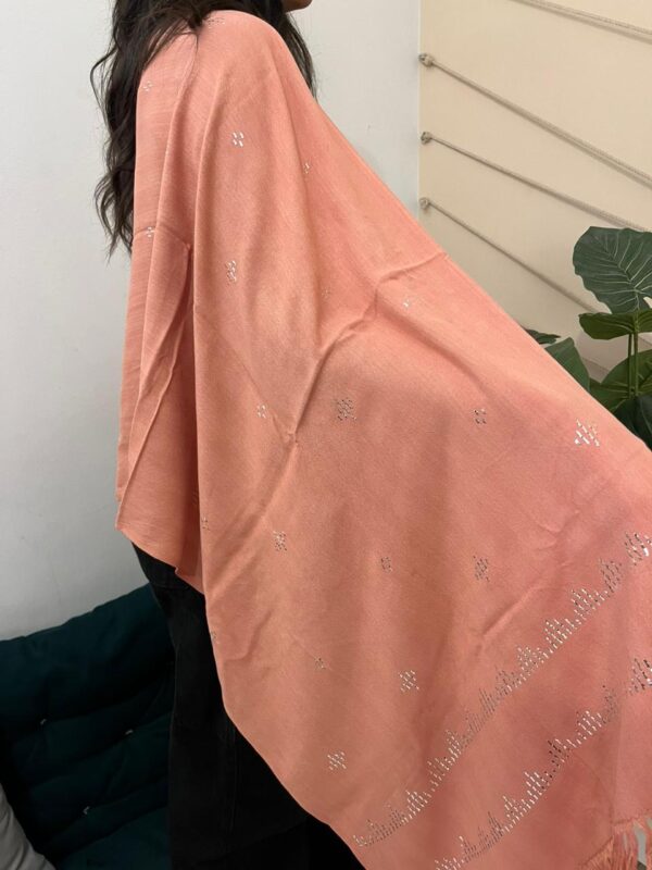 Dark Salmon Handwoven Akhmim Cotton Shawl with Silver plated Thread Embroidery | Made by Sohag Women | 200x60 cm - Image 4