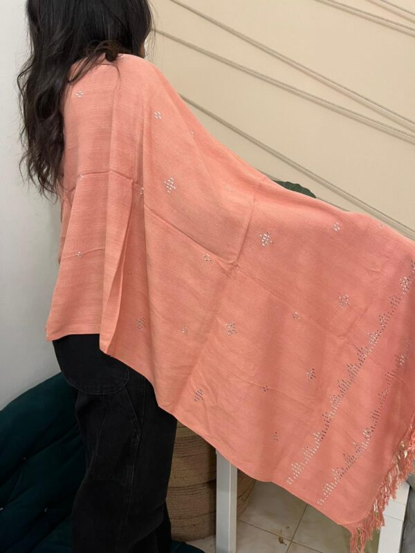 Dark Salmon Handwoven Akhmim Cotton Shawl with Silver plated Thread Embroidery | Made by Sohag Women | 200x60 cm - Image 6