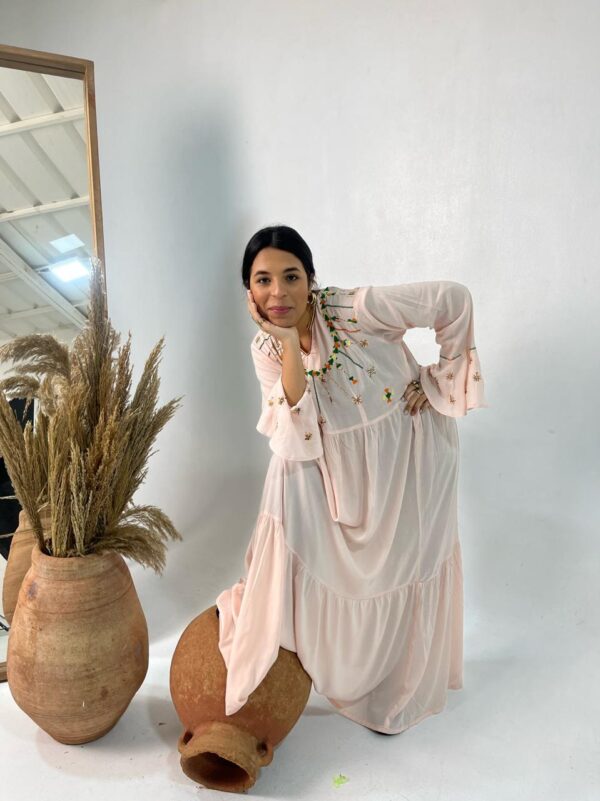 Hand-Embroidered Long Cotton light peach Dress with Siwa Oasis Patterns - Image 2
