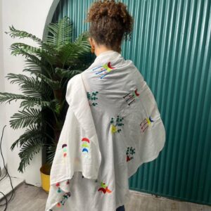 White Cotton Voile Shawl | Hand-Embroidered by Nubian Women of Aswan | 200×90 cm