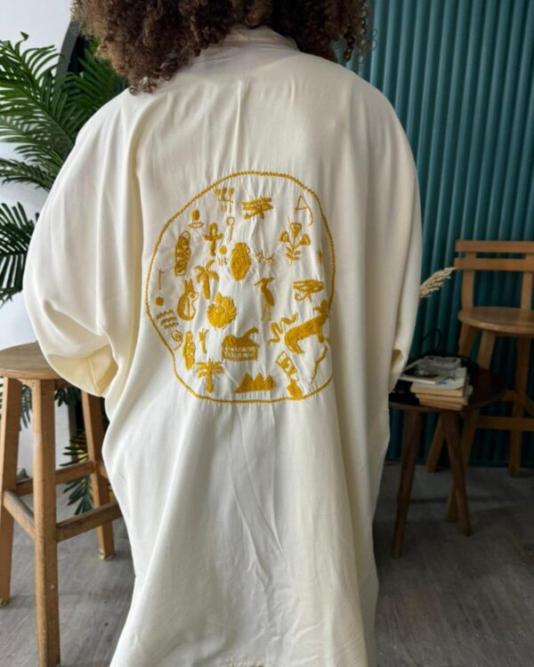 Handmade Spanish Linen Cardigan with Pharaonic Embroidery – Butter yellow– Size 2XL - Image 4
