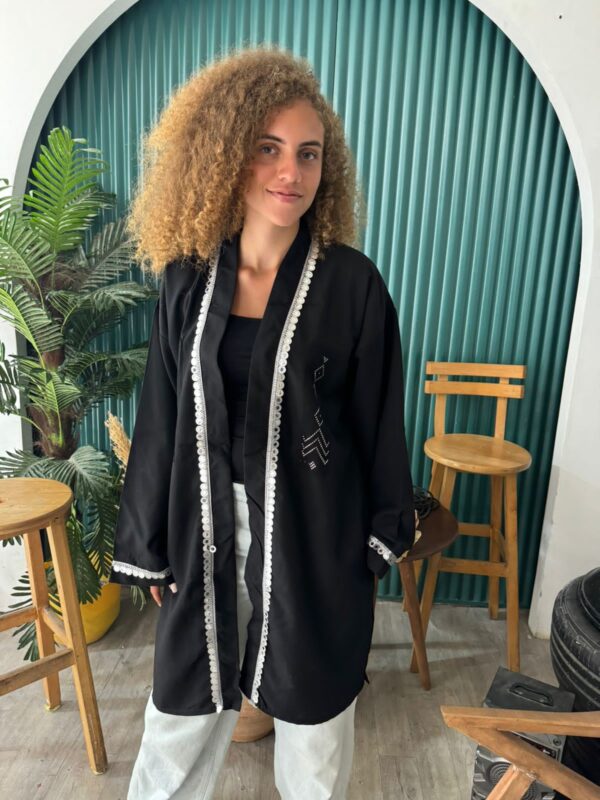 Black Linen-Blend Cardigan with Handcrafted upper Egypt Tally Embroidery in Silver Thread | Up to XL - Image 3