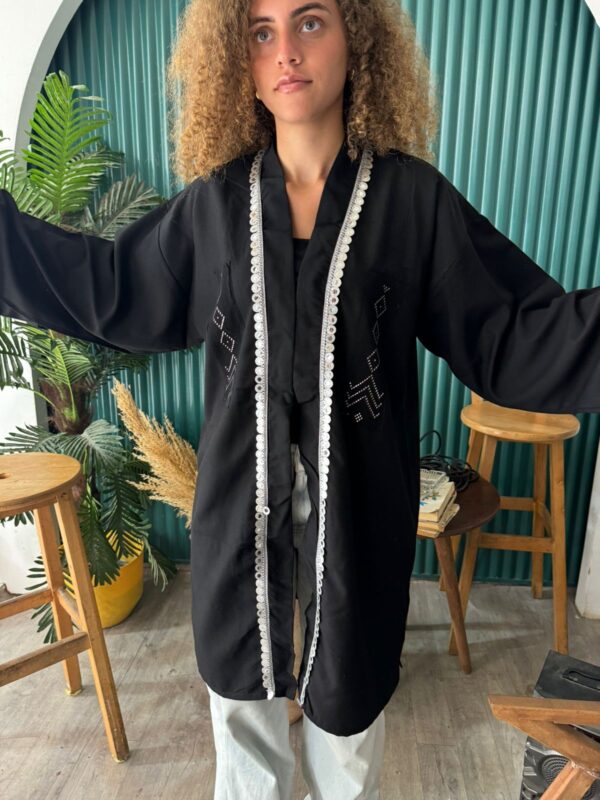 Black Linen-Blend Cardigan with Handcrafted upper Egypt Tally Embroidery in Silver Thread | Up to XL