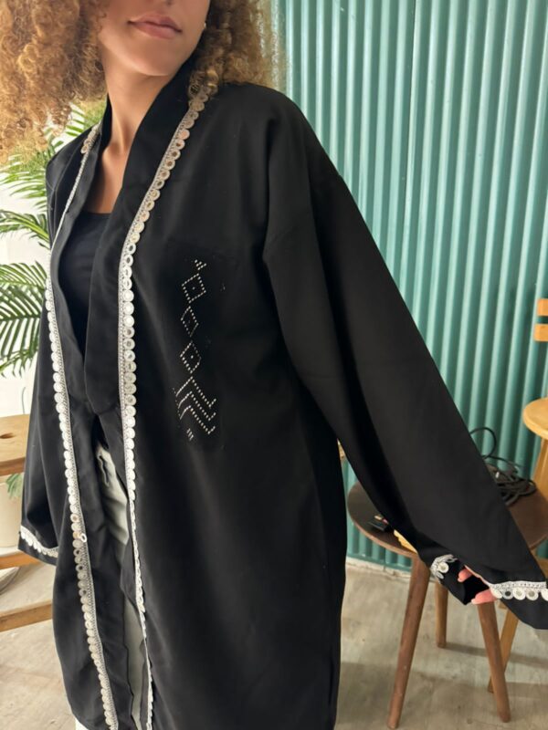 Black Linen-Blend Cardigan with Handcrafted upper Egypt Tally Embroidery in Silver Thread | Up to XL - Image 4