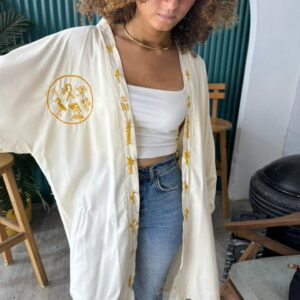 Handmade Spanish Linen Cardigan with Pharaonic Embroidery – Butter yellow– Size 2XL