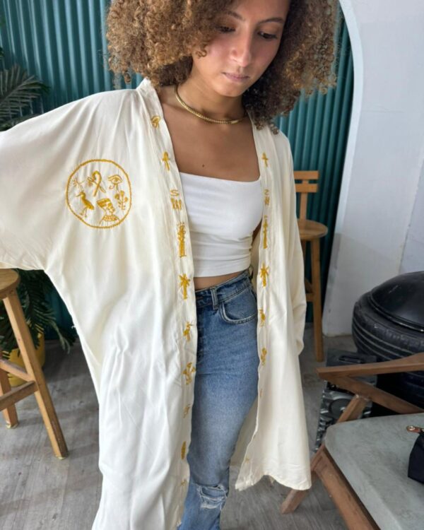 Handmade Spanish Linen Cardigan with Pharaonic Embroidery – Butter yellow– Size 2XL