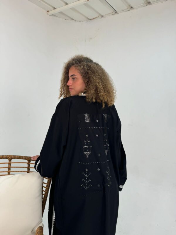Long Black Linen-Blend Cardigan with Handcrafted Sa’idi Tally Embroidery in Silver Thread | Up to 2XL - Image 4