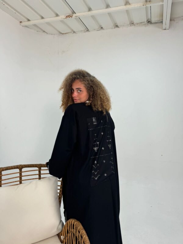 Long Black Linen-Blend Cardigan with Handcrafted Sa’idi Tally Embroidery in Silver Thread | Up to 2XL - Image 5
