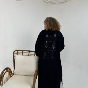 Long Black Linen-Blend Cardigan with Handcrafted Sa’idi Tally Embroidery in Silver Thread | Up to 2XL