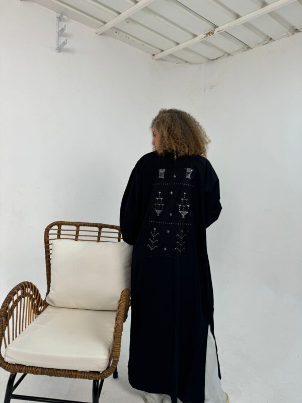 Long Black Linen-Blend Cardigan with Handcrafted Sa’idi Tally Embroidery in Silver Thread | Up to 2XL