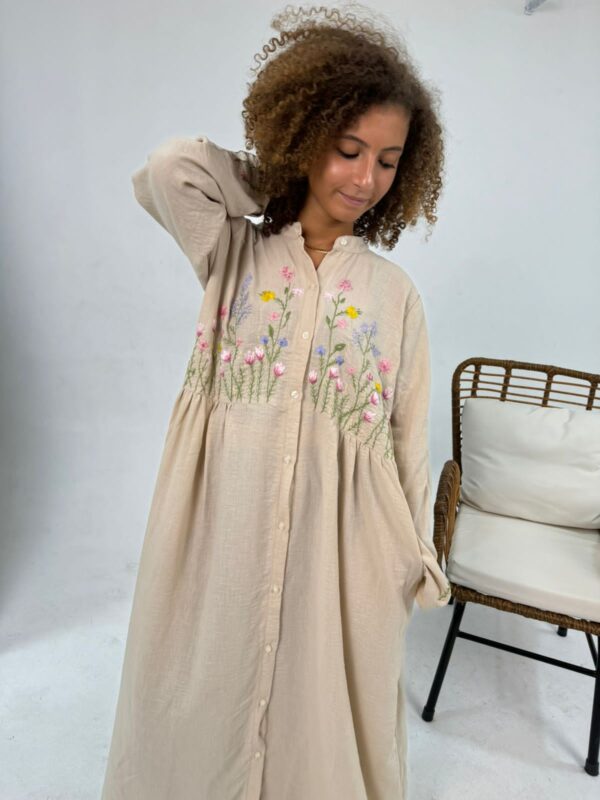 Hand-Embroidered Linen-Cotton Dress with Colorful Threadwork | Free Size up to 2XL - Image 2