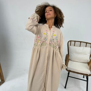 Hand-Embroidered Linen-Cotton Dress with Colorful Threadwork | Free Size up to 2XL