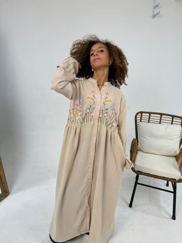 Hand-Embroidered Linen-Cotton Dress with Colorful Threadwork | Free Size up to 2XL