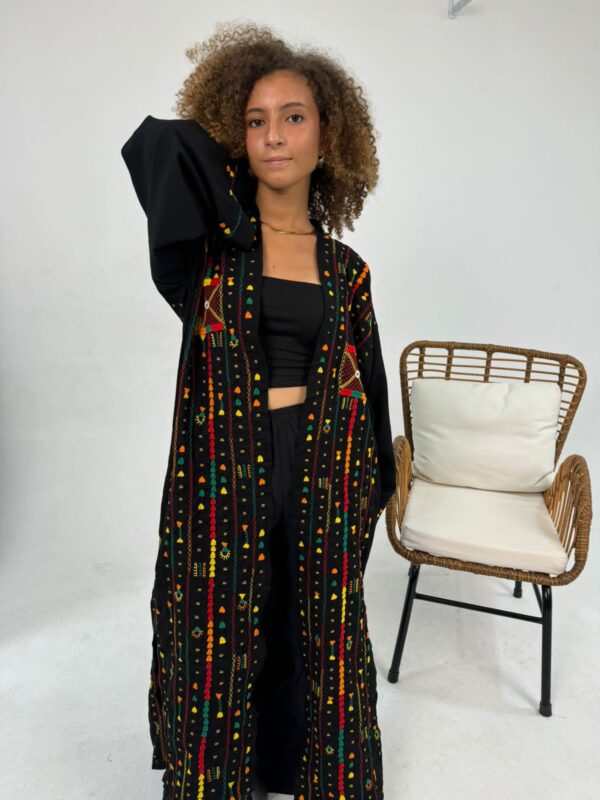 Handmade  siwan Embroidered Long spanish linen Cardigan – black – size L - Image 3