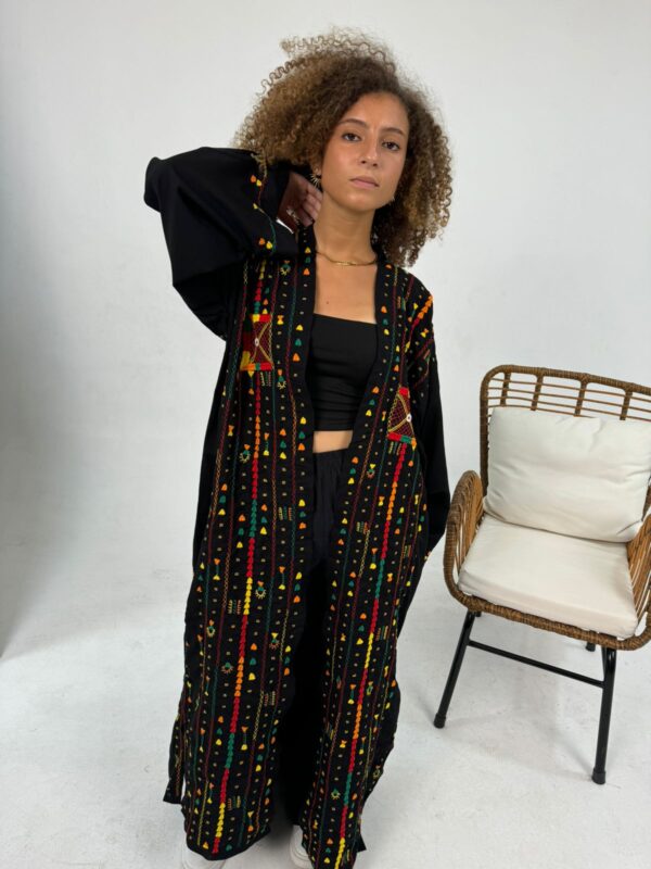 Handmade  siwan Embroidered Long spanish linen Cardigan – black – size L - Image 4