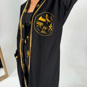 Hand-Embroidered Pharaonic blended Linen Long Cardigan – Black