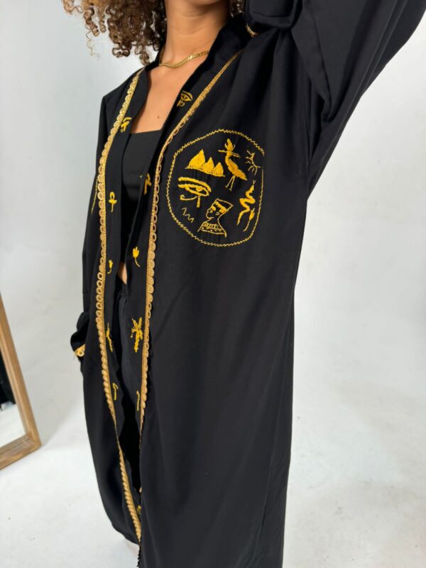 Hand-Embroidered Pharaonic blended Linen Long Cardigan – Black