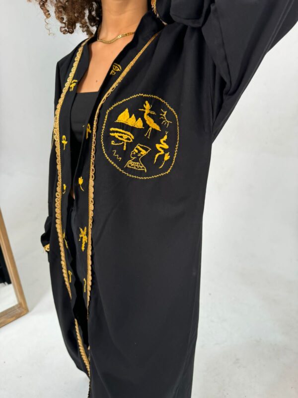 Hand-Embroidered Pharaonic blended Linen Long Cardigan – Black - Image 2