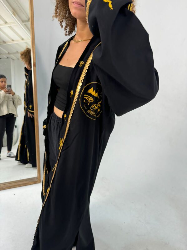 Hand-Embroidered Pharaonic blended Linen Long Cardigan – Black - Image 3