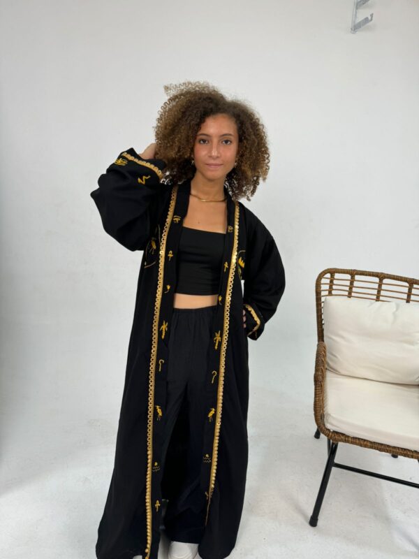 Hand-Embroidered Pharaonic blended Linen Long Cardigan – Black - Image 4