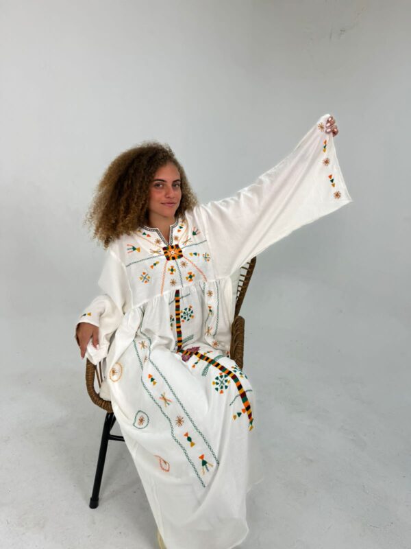 White Spanish Linen Abaya with Hand Embroidery by Siwa Artisans | Nature-Inspired | Free Size up to 3XL - Image 3