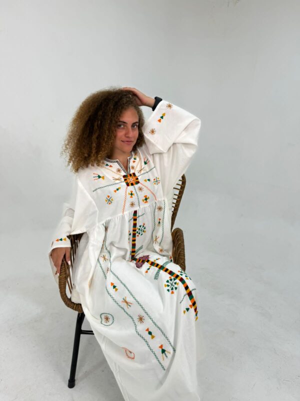 White Spanish Linen Abaya with Hand Embroidery by Siwa Artisans | Nature-Inspired | Free Size up to 3XL - Image 2
