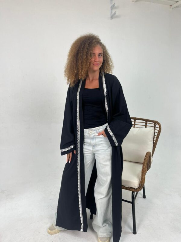 Long Black Linen-Blend Cardigan with Handcrafted Sa’idi Tally Embroidery in Silver Thread | Up to 2XL - Image 2